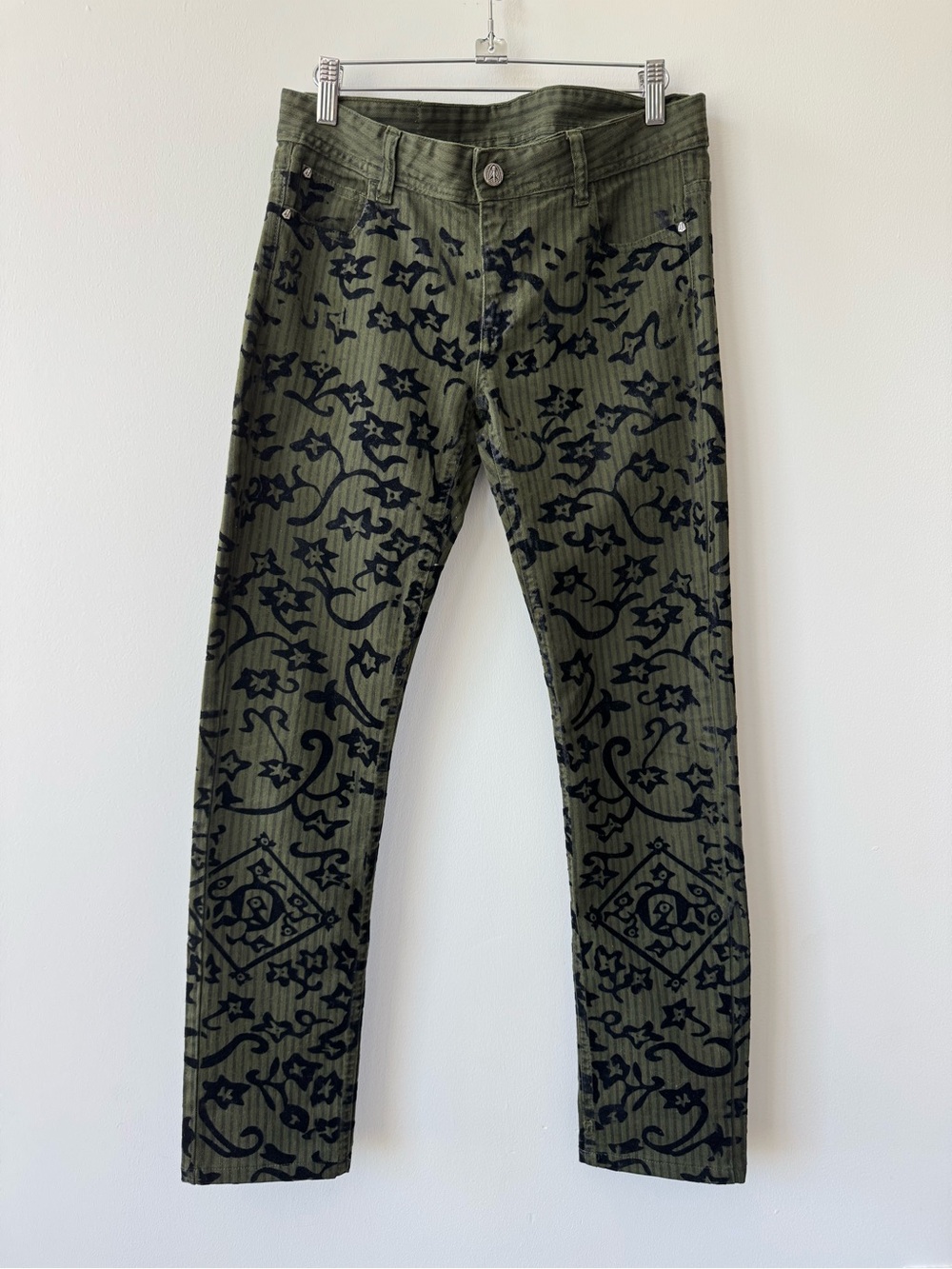 Faith Connexion Olive Green Skinny Jeans with Velvet Brocade Pattern - Size 29